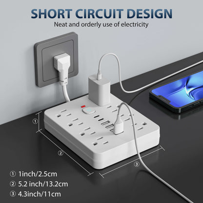 14-in-1 Surge Protector Power Strip, Desktop Charging Station with 8 AC Outlets, 4 USB and 2 USB-C Ports, Wall Mountable