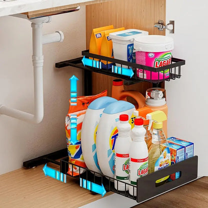 2-Tier Slide-Out Under Sink Organizer, L-Shaped Pull-Out Cabinet Storage Rack for Kitchen and Bathroom, Tool-Free